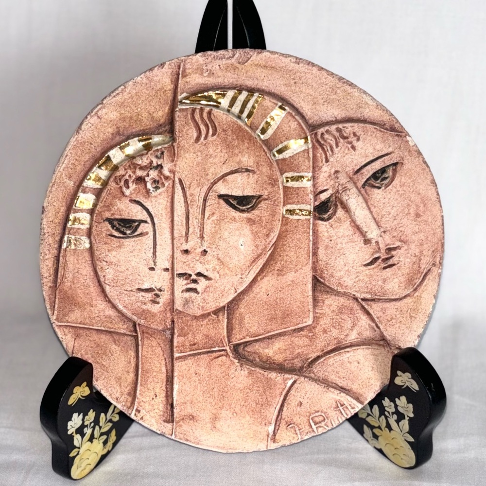 Vintage Ruth Faktor Ceramic Plaque Israeli Artist Faktorowicz Unglazed Tile Gold